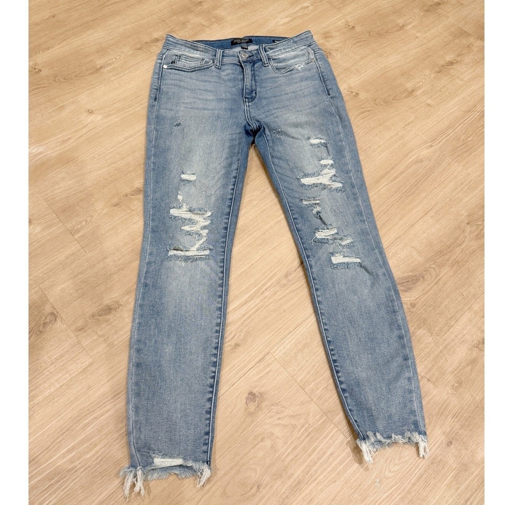 Judy Blue Womens Blue Distressed Denim Raw Hem Stretch Skinny Fit Jeans Size 7 - Picture 2 of 8